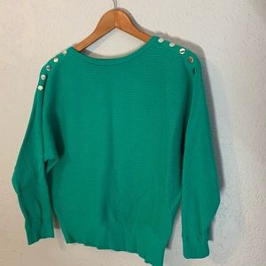 Super soft, knit green sweater, metal buttons along shoulders - Medium
